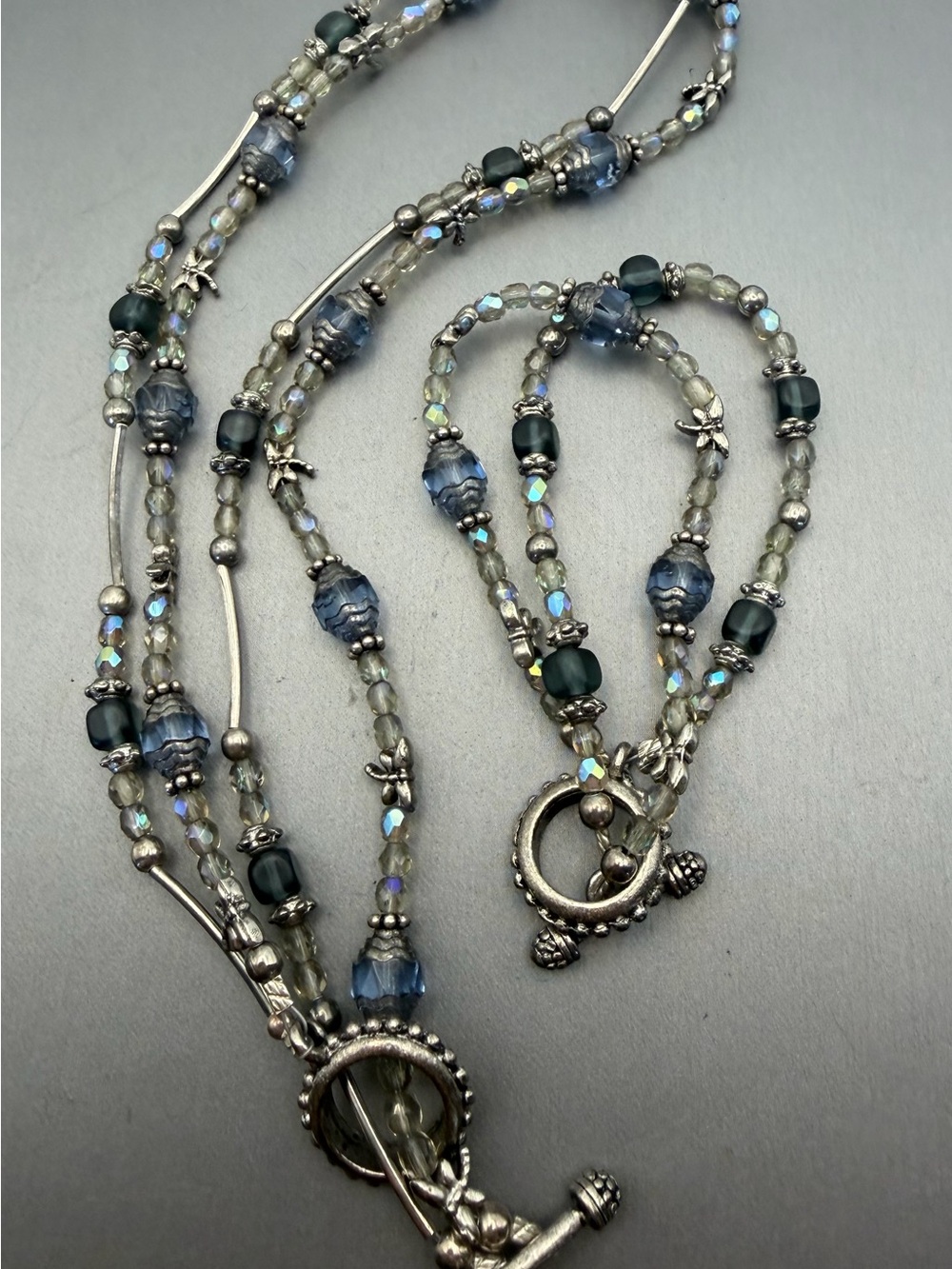 Blue Molded Glass Bead Necklace Bracelet Set Butterfly Accents 2 Strand Vintage
